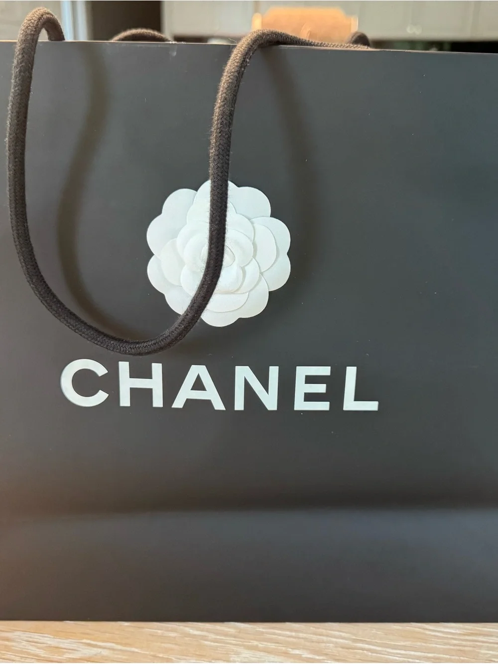 CHANEL Black Shopping Bag with White Camellia Logo